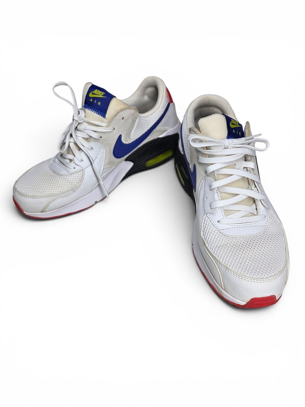 Nike Men’s Air Max Excee White Sneakers with Blue Swoosh and Yellow Accents